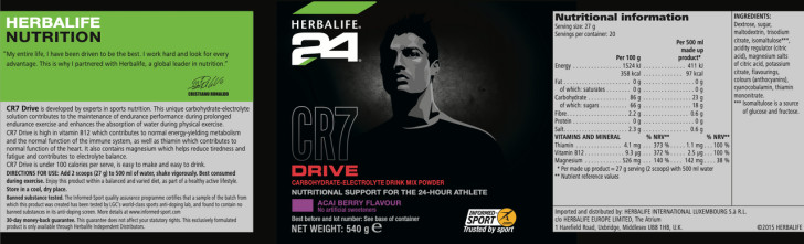 HERBALIFE24 - CR7 Drive - Canister - Acai Berry Flavour (540g). Label. Ingredients.