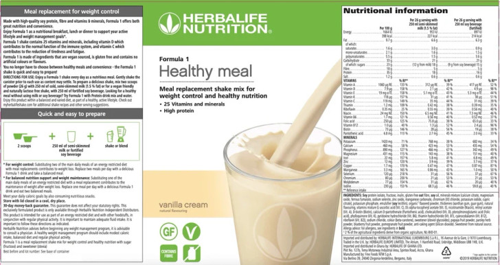 Herbalife Formula 1 Healthy Meal Nutritional Shake (Vanilla Cream) 7 x 26g Sachets. Label. Ingredients.