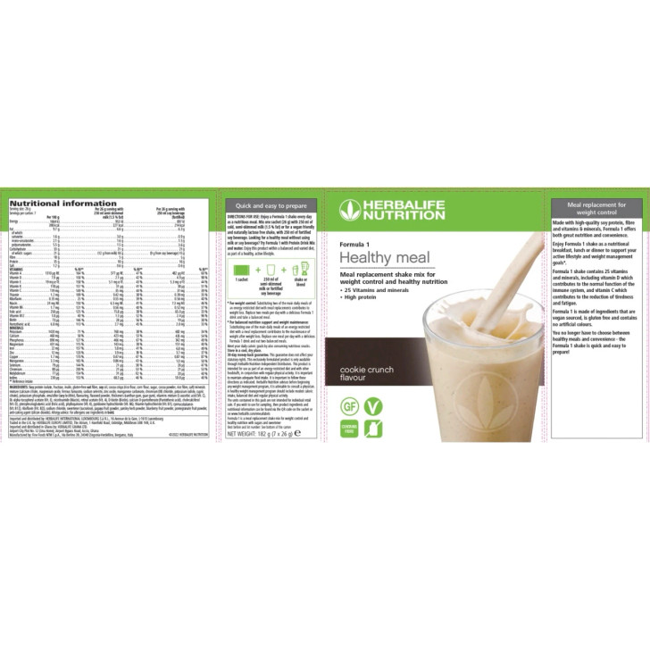 Herbalife Formula 1 Healthy Meal Nutritional Shake Mix (Cookie Crunch) 7 x 26g Sachets. Label. Ingredients.