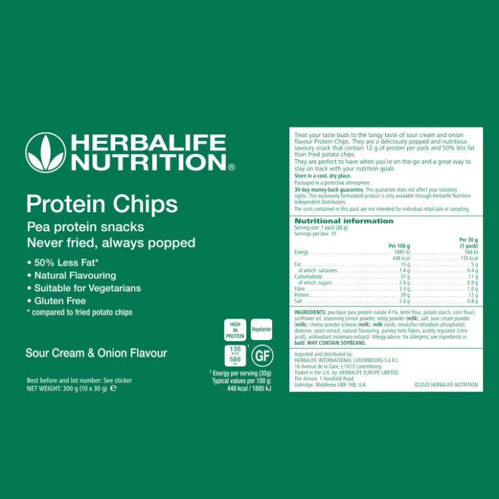 Herbalife Nutrition Sour Cream and Onion flavour Protein Chips packaging with nutritional information and ingredients label.