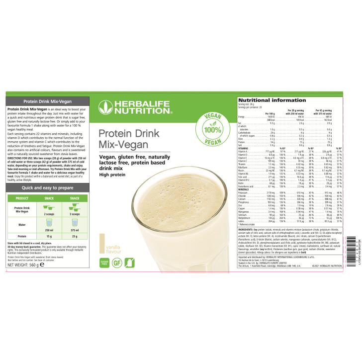 Herbalife Vegan Protein Drink Mix (Vanilla) 560g Label, Ingredients.