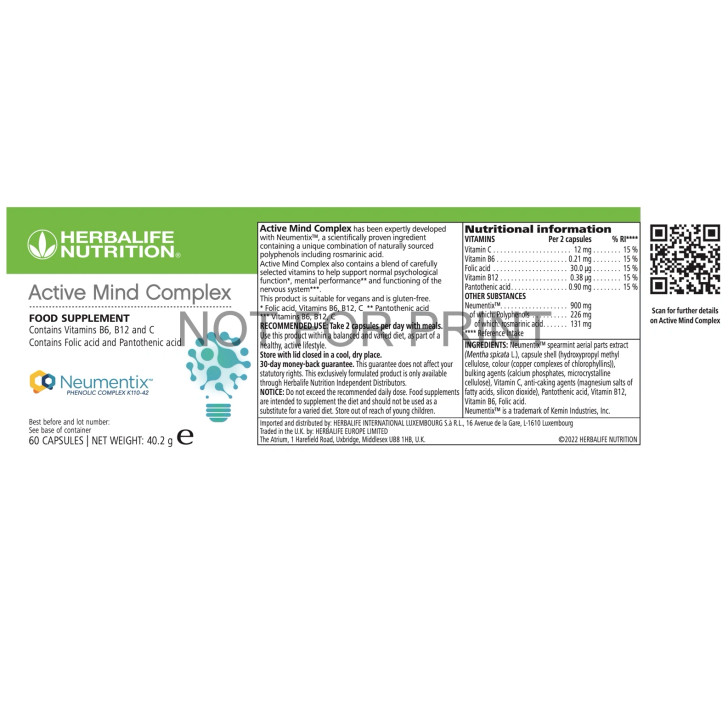 Herbalife Active Mind Complex (60 Vegan Capsules) label, ingredients.