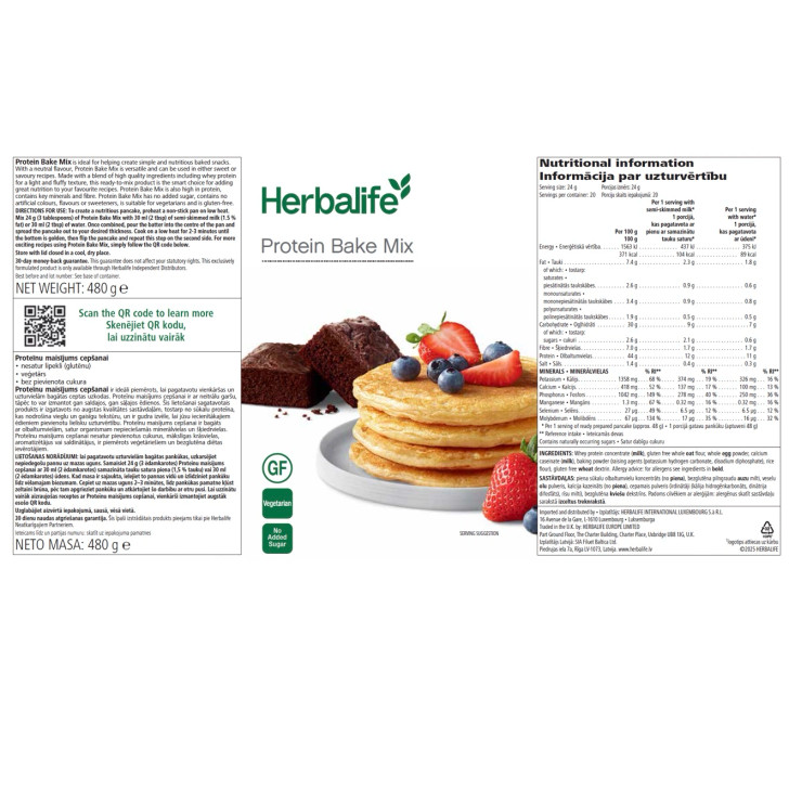 Herbalife Vegetarian Protein Bake Mix (480g) label, ingredients.