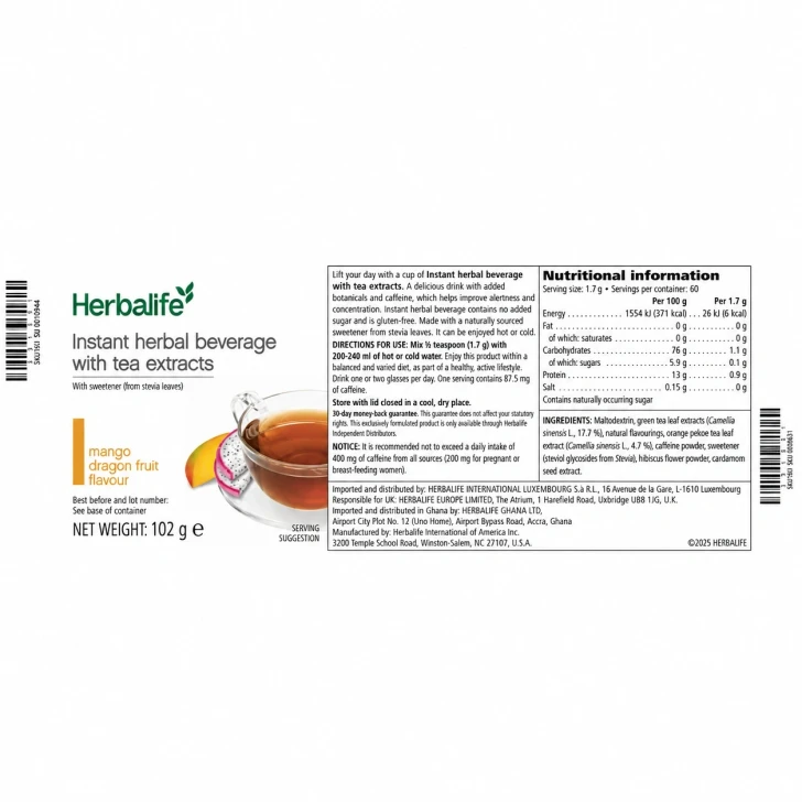 Herbalife Instant Herbal Beverage with Tea Extracts - Mango Dragon Fruit Flavour (102g). Label. Ingredients.