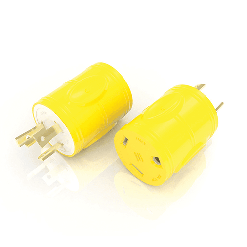 Power Cord Adapter; Generator One Piece Adapter; 30 Amp RV Female Connector To 30 Amp Locking Male Plug; Yellow; Nickel Plated Brass Blades