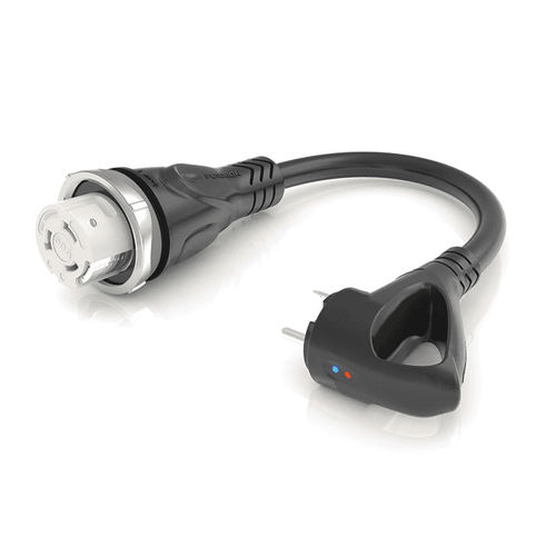 Power Cord Adapter; From 50 Amp/125/250 Volt Female Connector To 30 Amp Straight Blade RV Male Plug; Pigtail Adapter; Polarized; Black; With LED Power Indicator Ends; With Plug Head Handle Grip
