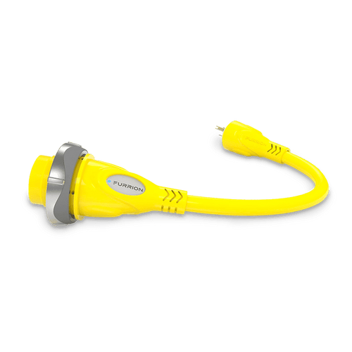 Power Cord Adapter; For Providing One 50 Amp/125/250 Volt Female Connector From One 15 Amp Male Plug; Pigtail Adapter; Yellow; With Threaded Locking Rings; Weatherproof; With LED Power Indicator Ends; With Weatherproof Storage Bag/ Protective End Caps/ Plug And Connector Side Grips For Easy Connection