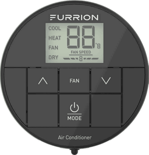 Wall Thermostat; Furrion Chill ™; Use With Furrion Chill ™ Air Conditioners; Single Zone; Heat/ Cool; Programmable; Backlit LED Digital Readout; 12 Volt DC; 3 Inch Diameter x 1 Inch Depth; With High/ Low Fan Speed Control; With Fan On/ Auto Mode; Black