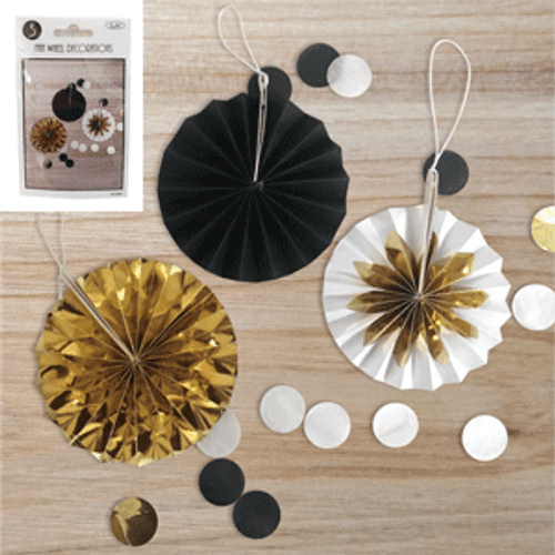 Paper Fan Decorations 10cm - Gold, Black and White