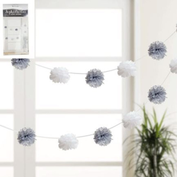 Puff Ball Garland - Silver and White