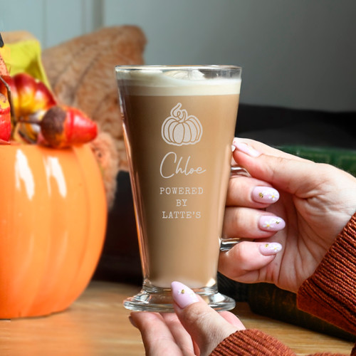 Snuggle up this Autumn with a hot beverage and our Personalised Pumpkin Glass Latte.

You can personalise the glass with a message over 5 lines, as below

Line 1 - 12 characters
Line 2 - 15 characters
Line 3 - 15 characters
Line 4 - 15 characters
Line 5 - 15 characters

Please note, the personalisation on line 1 is case sensitive and will appear as entered.
All other personalisation will appear in fixed UPPERCASE

Glass holds approx. 10oz (28cl).

Ideal for Halloween