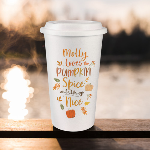 This personalised travel mug is perfect for anyone who loves autumn and more importantly pumpkin spice!

Add their name using a maximum of 12 characters above the fixed text "loves pumpkin spice and all things nice"

Please note the name is case sensitive and will appear as entered. Please avoid using fixed uppercase as this may make the personalisation hard to read.

This generously sized travel mug features a high quality hard plastic screw-on lid to prevent spills; what's more they are double walled to keep your favourite beverage hotter for longer!

Material: Plastic.
Hand wash only.
380ml capacity.

Ideal for Halloween