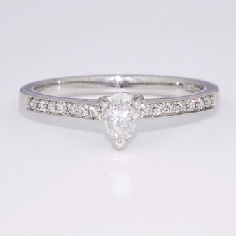 Platinum pear cut diamond solitaire ring with diamond-set shoulders GR3710