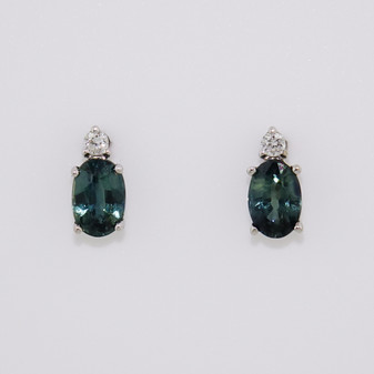 9ct white gold oval cut teal sapphire and round brilliant cut diamond stud earrings