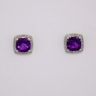 9ct white gold cushion cut amethyst and diamond cluster earrings