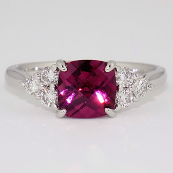 Platinum fancy cushion cut raspberry garnet and diamond ring