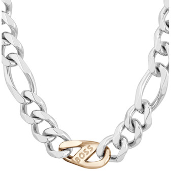 Gents BOSS Rian Stainless Steel and Carnation Gold IP Figaro Chain 1580586