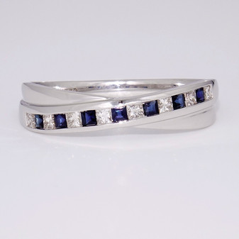 9ct white gold square cut sapphire and princess cut diamond crossover ring