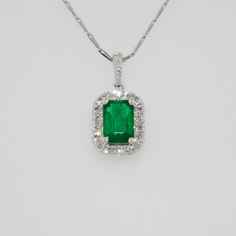 18ct white gold emerald and diamond cluster pendant