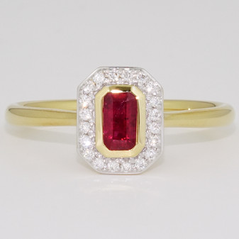 18ct gold octagon cut ruby and diamond halo ring