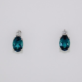 9ct white gold oval cut indicolite tourmaline and round brilliant cut diamond stud earrings