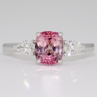 Platinum cushion cut pink tourmaline and pear cut diamond ring