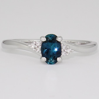 9ct white gold oval cut indicolite tourmaline and diamond twist ring