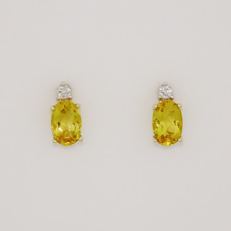9ct gold oval cut heliodor and round brilliant cut diamond stud earrings