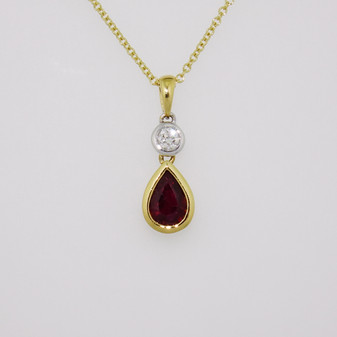 18ct yellow and white gold pear cut ruby and round brilliant cut diamond pendant