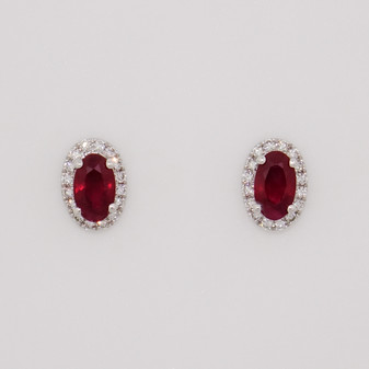 18ct white gold oval cut ruby and round brilliant cut diamond cluster stud earrings