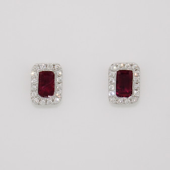 18ct white gold octagon cut ruby and round brilliant cut diamond cluster stud earrings
