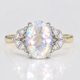 9ct gold faceted rainbow moonstone and round brilliant cut diamond ring