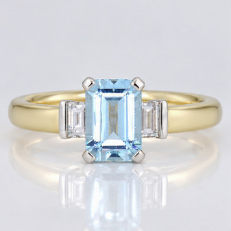 9ct gold emerald cut aquamarine and baguette cut diamond ring