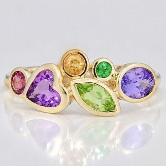 9ct gold multi gemstone ring with garnet, citrine, amethyst, peridot and tanzanite