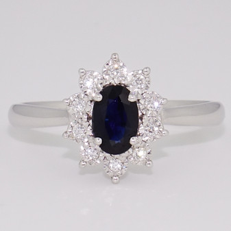 9ct white gold oval cut sapphire and diamond cluster ring