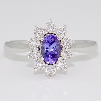 9ct white gold tanzanite and diamond cluster ring