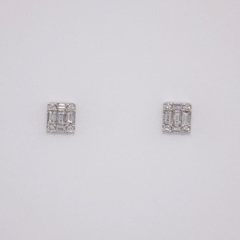 9ct white gold baguette cut and round brilliant cut diamond cluster stud earrings