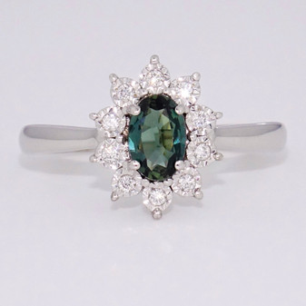 9ct white gold teal sapphire and diamond cluster ring