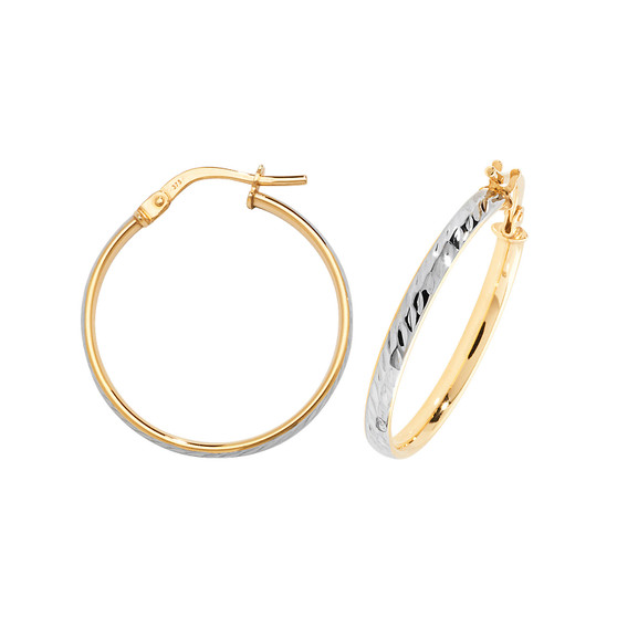 9ct yellow and white gold 20mm court shaped diamond cut hoop earrings ER11557