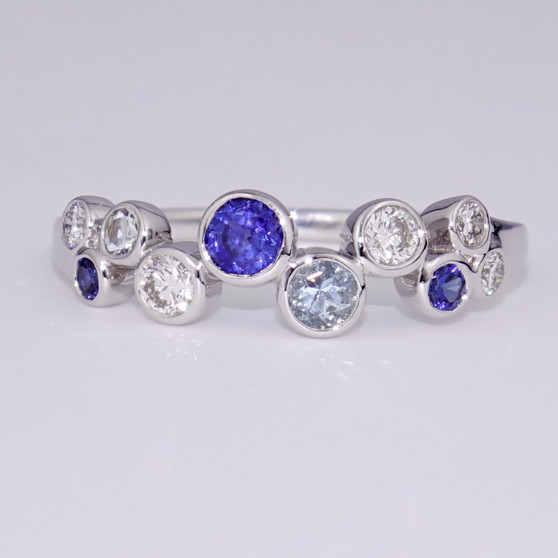 18ct white gold diamond, aquamarine and sapphire bubble ring