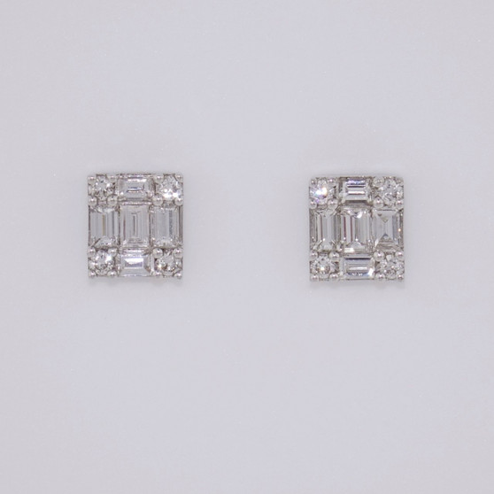 9ct white gold round brilliant cut and baguette cut diamond earrings