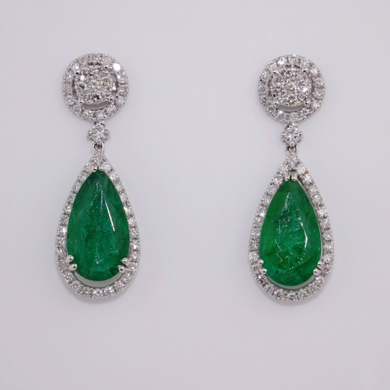 18ct white gold pear cut emerald and diamond drop earrings