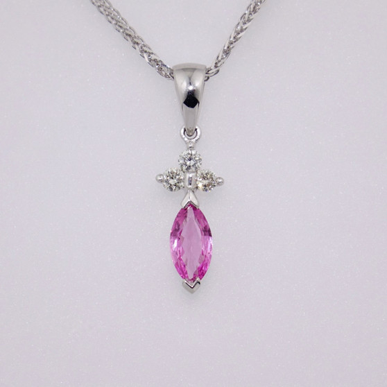 9ct white gold marquise cut pink sapphire and diamond pendant PE3888