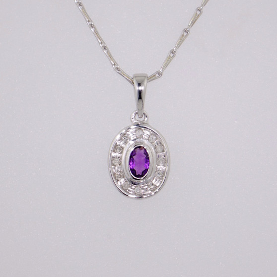 9ct white gold amethyst and diamond pendant PE4666