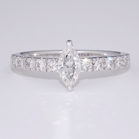 18ct white gold marquise cut diamond solitaire ring with diamond-set shoulders GR3783