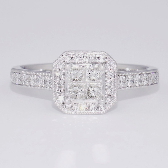 Platinum princess cut diamond cluster ring with diamond-set shoulders GR5988