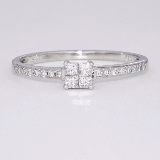 18ct white gold princess cut diamond cluster ring with diamond-set shoulders