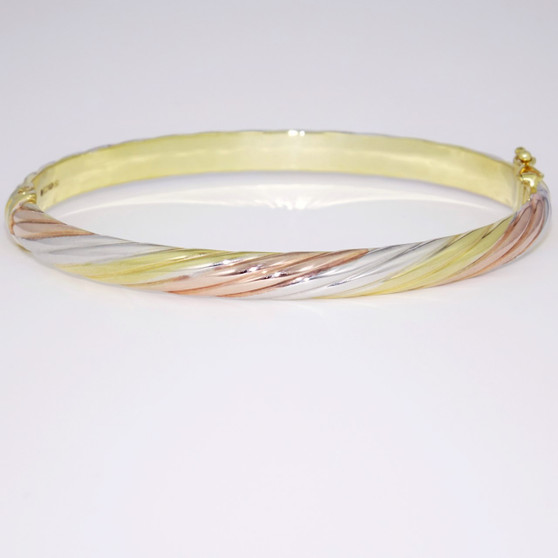 9ct yellow, rose and white gold twisted bangle BA981