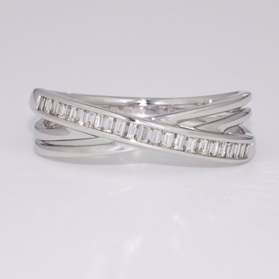 9ct white gold baguette cut diamond crossover ring