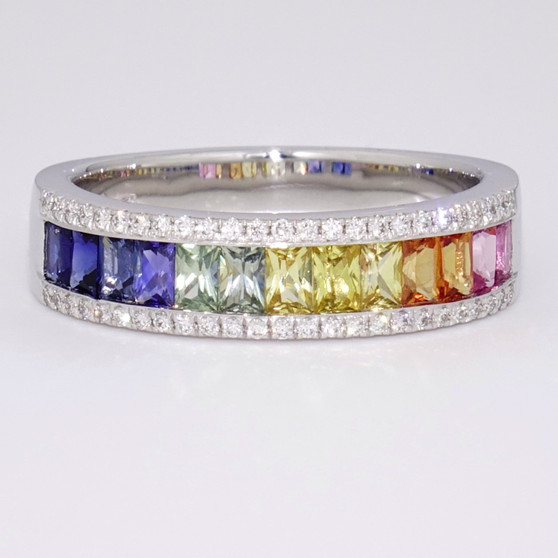 Platinum multicoloured sapphire and diamond ring